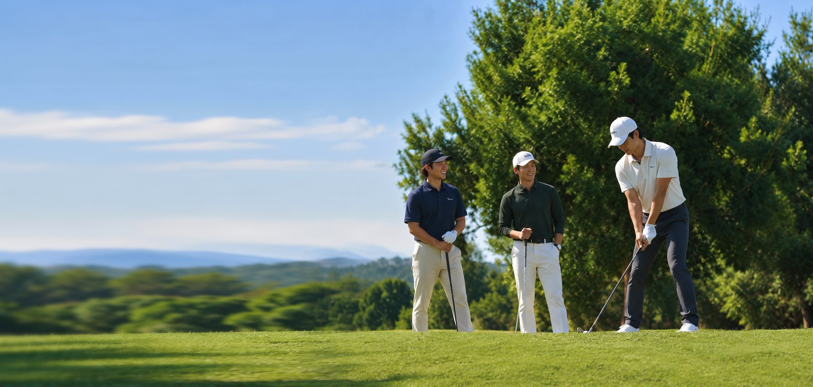 Tiga golfer di area tee, satu sedang bersiap memukul